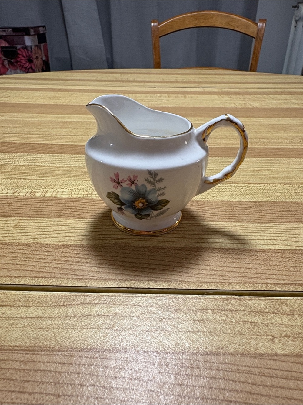 Vintage Delphine Bone China Creamer with Blue Flower with Gold Trim